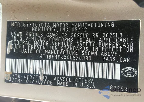 2012 Toyota Camry L z USA, uszkodzony, nr VIN 4T1BF1FKXCU578380